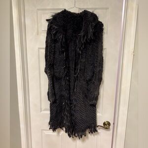 Black Textured Long Coat with Fringe
